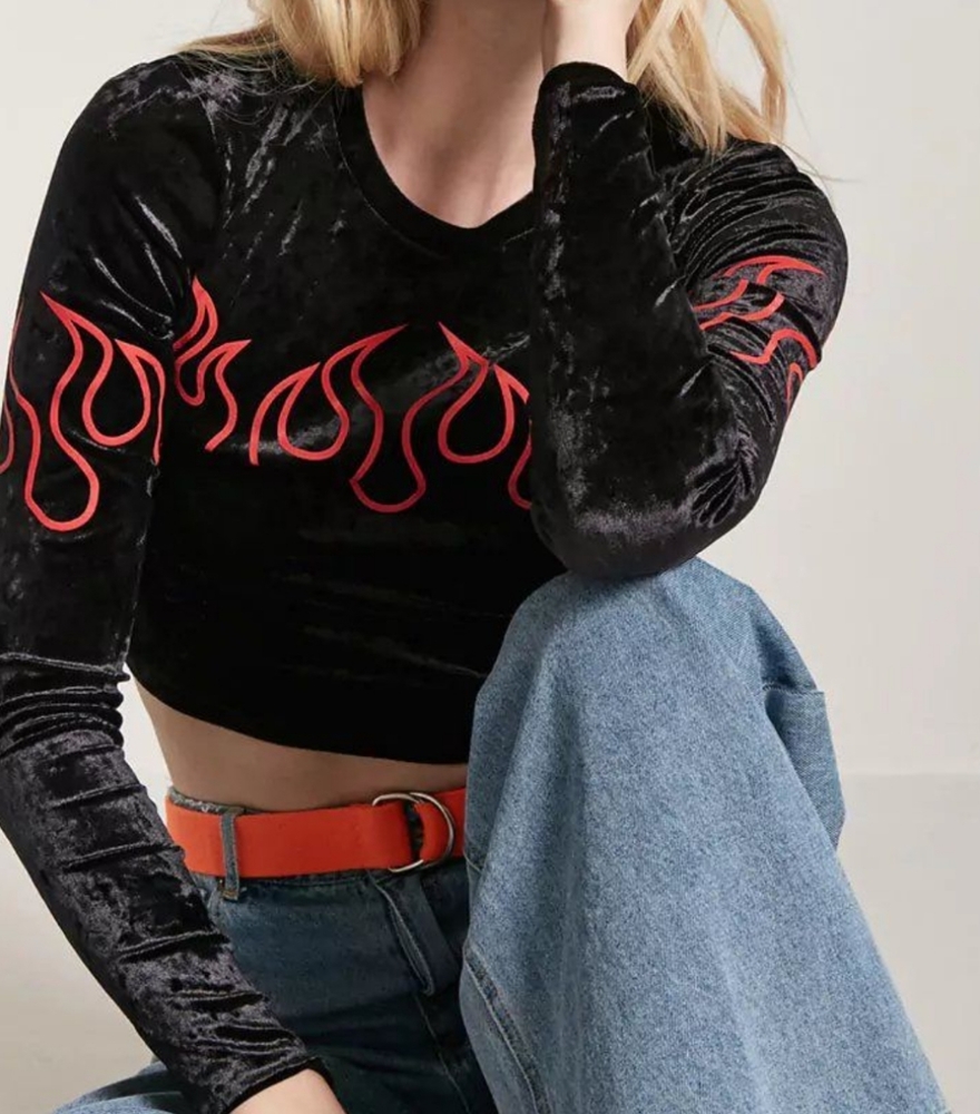 Long Sleeve Flames Velvet Crop Top